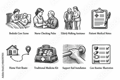 Healthcare illustrations depicting elderly care activities