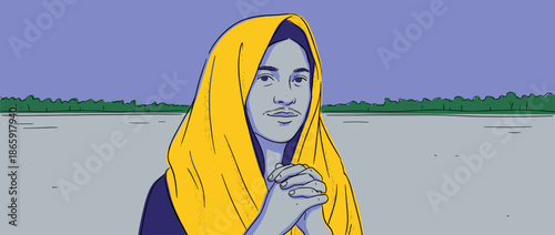 Contemplative young man with a mustache wearing a yellow hood clasps his hands with a hopeful expression in a stylized graphic illustration with bold outlines and flat colors