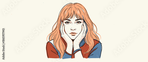Hand-drawn portrait of a pensive young woman with long wavy orange hair, looking forward with her face cupped in her hands in a vintage pop art comic book style