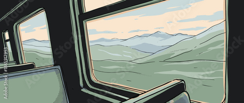 Illustrated view from inside a passenger train looking out the window at a scenic mountain landscape, drawn in a graphic novel style with a calm and nostalgic mood