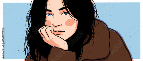 Beautiful young woman with black hair and blue eyes rests her chin on her hand in a thoughtful pose, depicted in a stylish comic book art illustration with a pensive mood