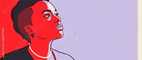 Graphic illustration of a young woman with a short modern haircut looking up with a hopeful and determined expression in a bold, minimalist pop art style with red and purple colors