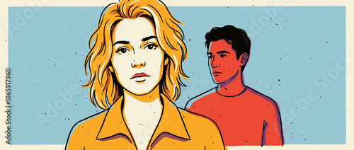 Serious young woman with blonde hair stands before a man, illustrating a tense relationship conflict, emotional distance, and communication problems in a graphic comic style