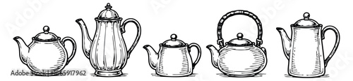 Hand drawn line art teapots and coffee pots set featuring various vintage styles for beverage service
