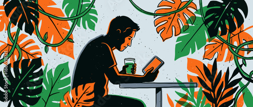 Man in silhouette sitting at a table using a digital tablet and holding a glass with a green drink, framed by vibrant orange and green tropical monstera leaves