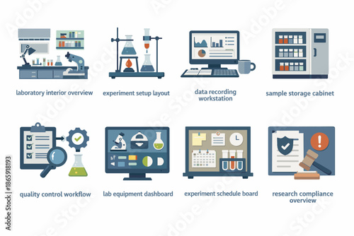 Laboratory workflow and equipment vector illustration set