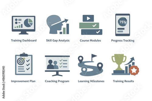 Business training and development icons set for digital platforms