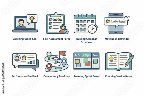Business training and coaching icon set for professional development