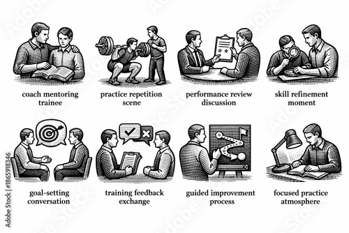 Business training and mentoring activities in vintage illustration style