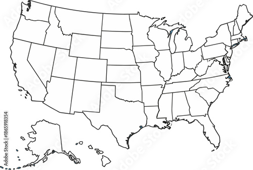 Simple Outline Map of United States of America Showing All States