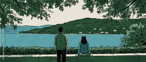 Illustrated man and woman from behind look out over a serene lake and forested hill in a peaceful, contemplative comic book style drawing with a limited color palette
