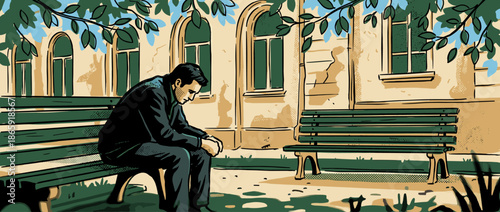 Sad and lonely man sitting alone on a green park bench, looking down with a somber expression in a graphic novel style illustration with a limited color palette