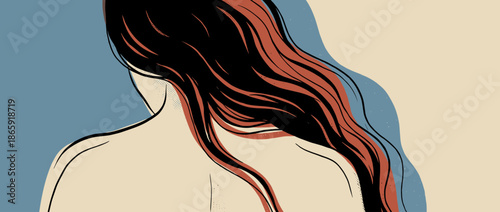Woman with long dark wavy hair is seen from behind in a minimalist graphic illustration with a retro aesthetic, halftone details, and a serene, contemplative mood