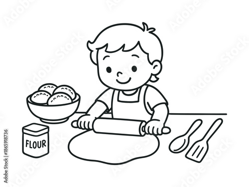 Child Rolling Dough. Dough preparation children?s coloring book illustration, outlined drawing, child rolling dough for stuffed bread with simple utensils,