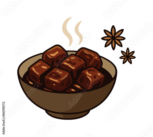 Asian Braised Meat. Asian-style braised meat. A bowl of richly glazed meat pieces rests beside glowing star-anise icons. Steam loops echo aromatic depth.