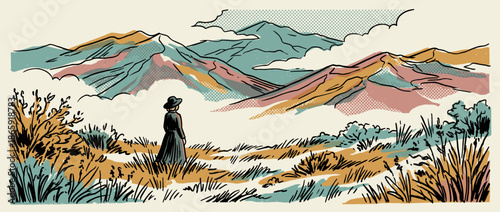 Hand-drawn comic book style illustration of a woman in a vintage dress and hat looking at a vast mountain range, rendered with a limited retro color palette and halftone textures