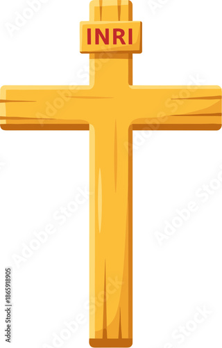 Cartoon Style Wooden Christian Cross with INRI Symbol Illustration