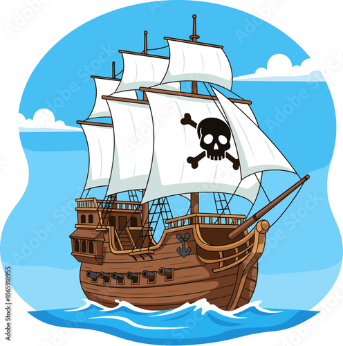 Cartoon Detailed Pirate Ship Sailing on Sea Waters Illustration