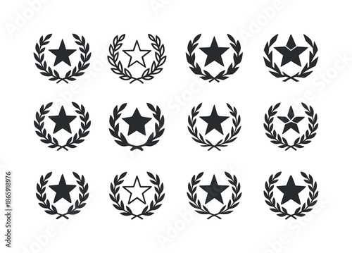 Success Logo Variations. Celebrating Success. Icon set. Set Logo of Celebrating Success: laurel wreath surrounding a star. harmonious logo variations of the