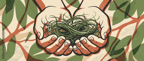 Illustrated cupped hands carefully holding a nest of tangled green grass in a graphic, retro-style artwork with an earthy color palette and textured details