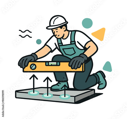 Spirit Level Precision. Leveling the base. A construction worker checks the alignment with a floating spirit level; ground indicators glow below. Modern