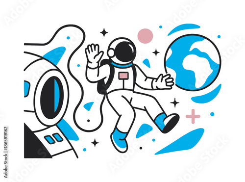 Spacewalk Tourist Adventure. Spacewalk adventure. A tourist in a sleek suit drifts outside a spacecraft, tethered by a line; Earth glows in the distance.