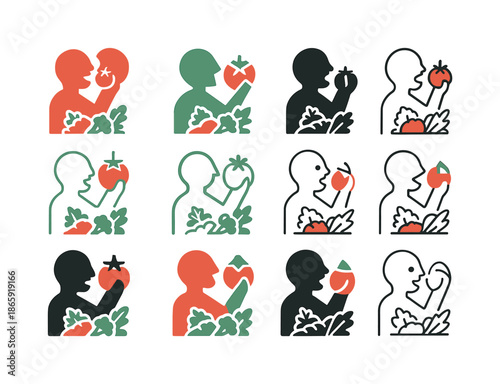 Vegetable Icons Collection. The importance of eating vegetables. Icon set. Set Logo of Eating vegetables: tomato. harmonious logo variations of the same