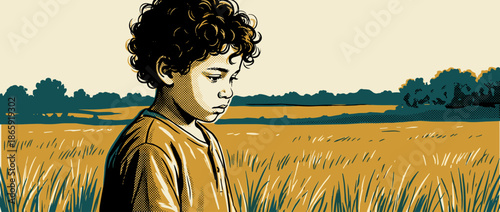 Sad young boy with curly hair looks down with a pensive expression in a grassy field, depicted in a retro comic book style illustration with halftone dot shading