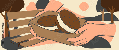 Two delicious chocolate cookie ice cream sandwiches held in a cardboard box by hands in a modern flat illustration style, depicting a relaxing snack time in a park on a sunny day