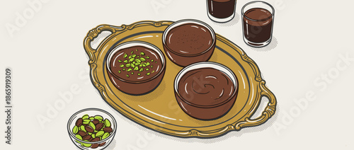 Rich chocolate pudding dessert in glass bowls, one garnished with pistachios, served on an ornate golden tray in a retro comic book illustration style with halftone dots