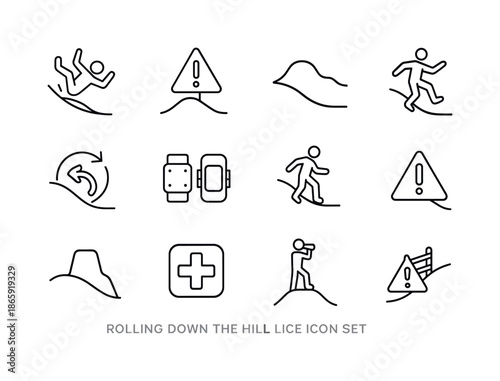 Rolling Hill Icons. rolling down the hill. Line icon set of rolling down the hill: tumble accident icon, warning triangle, hazard bump, slipping motion,