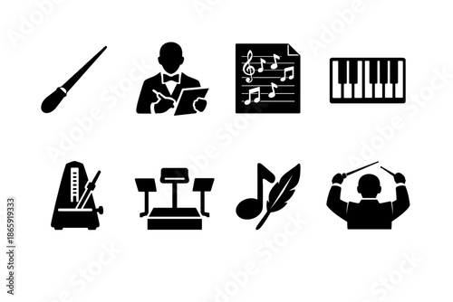 Music and conductor icons set featuring instruments and sheet music