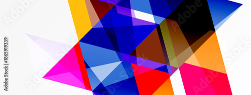 Abstract geometric shapes overlap, creating vibrant color contrasts. Composition feels dynamic, modern, energetic.