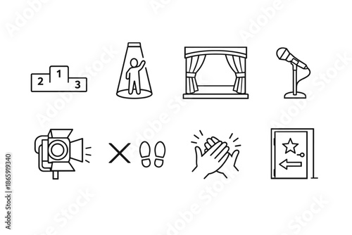Set of theater icons including stage, spotlight and clapping hands