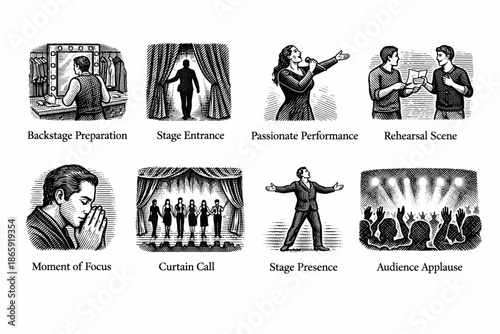 Illustrations of theatrical scenes and performance elements