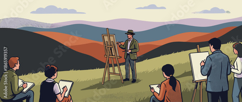 Group of art students learning from an instructor during an outdoor plein air painting class in a beautiful hilly landscape with a retro comic book illustration style