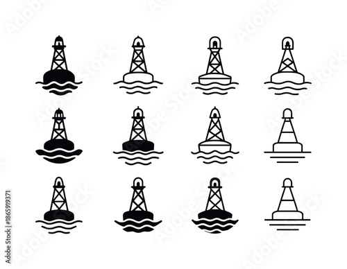 Buoy Logo Variations. Buoy floating. Icon set. Set Logo of buoy floating: navigation buoy with light. harmonious logo variations of the same emblematic