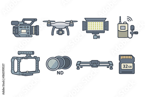 Set of video production equipment icons for digital media projects