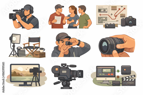 Videography equipment and filming scenes in illustrations