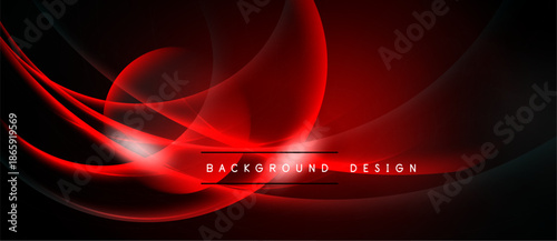 Abstract red design features flowing curves, dynamic lines. Dark background emphasizes vibrant color, modern aesthetic. Simple text overlay present.
