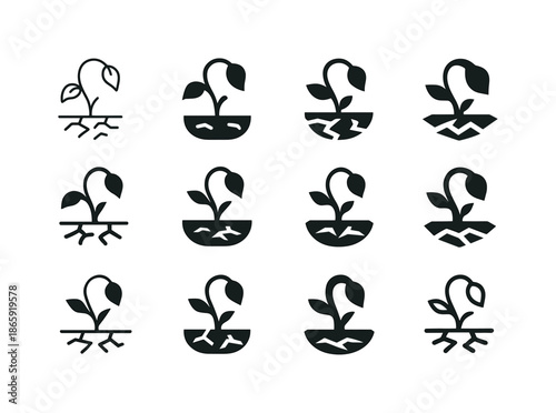 Desertification Icon Set. Desertification. Icon set. Set Logo of desertification: withered plant. harmonious logo variations of the same emblematic concept,