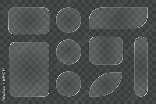Set of various transparent glass or plastic shapes with rounded corners, isolated on a checkered background for easy layering