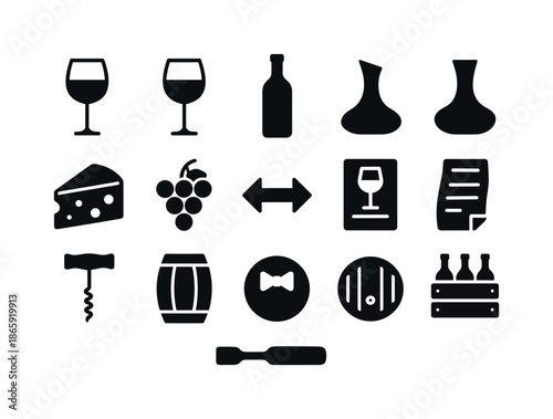 Wine Pairing Icons. Wine pairing. Solid icon set of wine pairing: red wine glass, white wine glass, wine bottle, decanter, cheese block, grapes cluster,