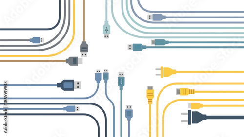 USB Cable Connection Network Concept. Set of Colorful Data Transfer Plugs and Charging Wires. Modern Flat Vector Illustration of Computer Cables.