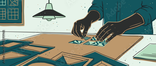 Artist's hands meticulously arranging small geometric tiles into a stencil, creating a mosaic pattern on a workbench in a focused, creative illustration