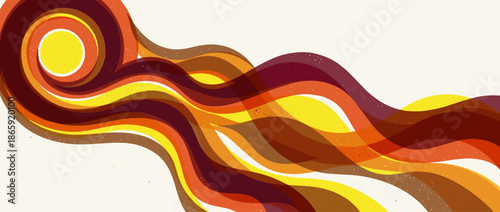 Groovy retro abstract design with flowing wavy lines and a warm color palette of yellow, orange, and brown in a dynamic, textured composition with a psychedelic feel