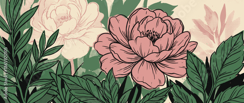 Stylized pink peony flower illustration with bold black linework, green leaves, and a retro halftone dot pattern in a decorative, artistic, wide panoramic floral composition