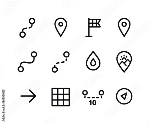 Walking Route Icons. Walking routes. Line icon set of walking routes: route line, start point, finish flag, waypoint pin, curved path, straight path, altitude