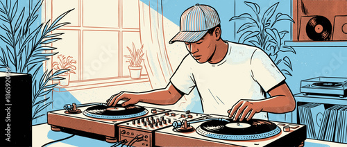 Young male DJ wearing a striped cap is mixing music on two turntables in a sunlit room, a creative illustration with a retro comic book style and halftone texture