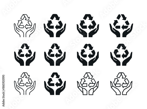NGO Waste Management Icons. The role of NGOs in waste management. Icon set. Set Logo of The role of NGOs in waste management: recycling hands symbol.